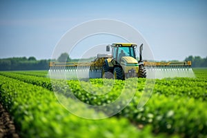 Tractor Spraying Pesticides In Soybean Field During Spring