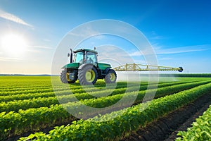 Tractor Spraying Pesticides In Soybean Field During Springtime