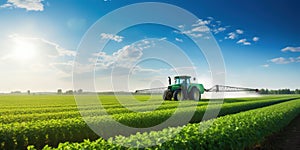 Tractor spraying pesticides in soybean field during springtime