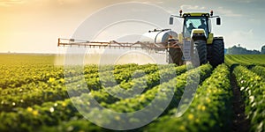 Tractor spraying pesticides in soybean field during springtime