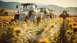 Tractor spraying pesticides on sunflower field with sprayer at spring