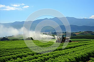 Tractor spraying pesticides on vegetable field for crop protection and pest prevention