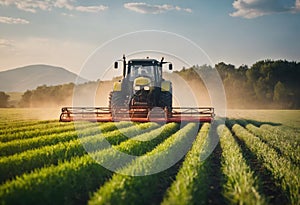 Tractor spraying pesticides on wheat field with sprayer at spring. Organic farm and agriculture. Generative Ai