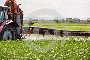 Tractor spraying pesticides wheat field photo