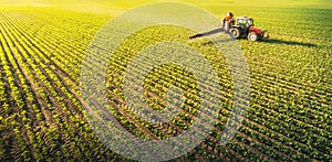 Tractor spraying soybean field at spring