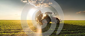 Tractor spraying soybean field at spring