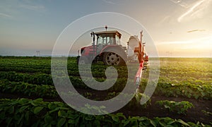 Tractor spraying soybean field in sunset