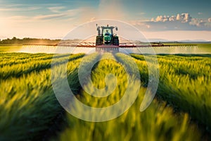 Tractor spraying water or pesticides on a green field farm in the background