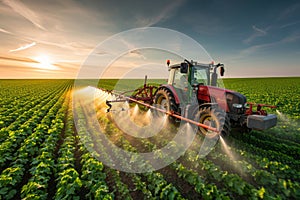 Tractor spraying water or pesticides on a green field farm in the background