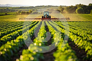 Tractor spraying water or pesticides on a green field farm in the background