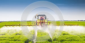 Tractor spraying wheat field photo