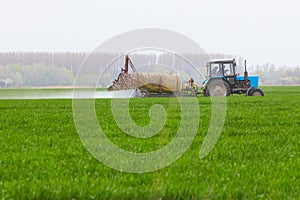 Tractor spraying wheat field with sprayer, herbicides and pesticides.