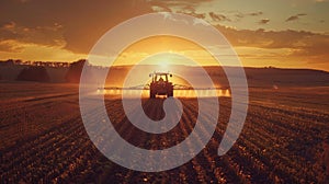 Tractor sprays crops at sunset, casting a warm glow over the agricultural landscape