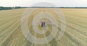 The tractor sprays the wheat fields. Spraying a field with wheat view from a drone. A tractor sprays wheat with