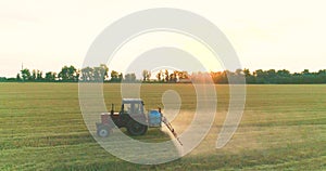 The tractor sprays the wheat fields. Spraying a field with wheat view from a drone. A tractor sprays wheat with