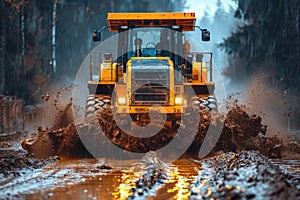 Tractor stuck in the mud. Isolated on a white background. 3D rendering of a construction vehicle.