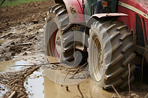 tractor stuck in mud, wheel partially submerged