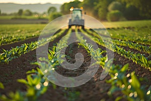 Tractor tilling the field at sunset