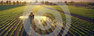A tractor tills soil in sunlit farm rows, kicking up dust in rural area. Machinery operates amidst crops, under the