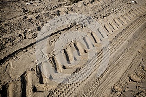 Tractor tire tracks on beach sand