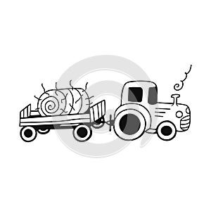 Tractor with a trailer, hay in a roll on a white background