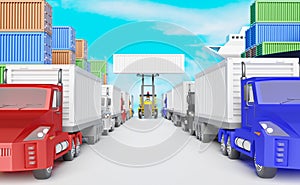 Tractor and trailer or semi truck with shipping container for import export, stick man drive forklift with blue sky background ,