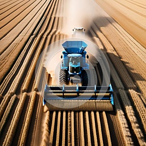 Tractor with trailer working in tandem alongside a working combine harvester discharging grain from uploader