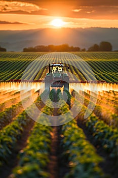 A tractor treats the field with herbicide. Selective focus.