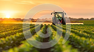 A tractor treats the field with herbicide. Selective focus.