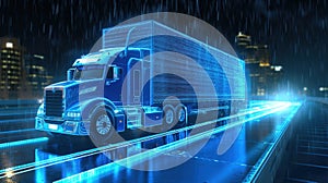 Tractor truck. 3d illustrator rendering lorry van. futuristic city dark blue background. Transportation, logistics.AI Generated