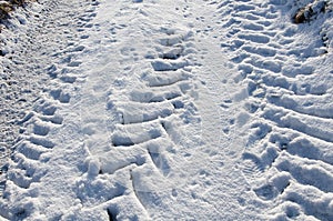 Tractor Tynes tracks in the snow on a road.