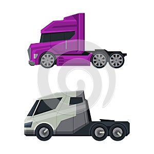 Tractor Unit as Heavy-duty Towing Engine for Hauling Semi-trailer Side View Vector Set