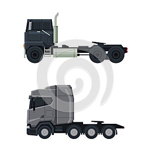 Tractor Unit as Heavy-duty Towing Engine for Hauling Semi-trailer Side View Vector Set