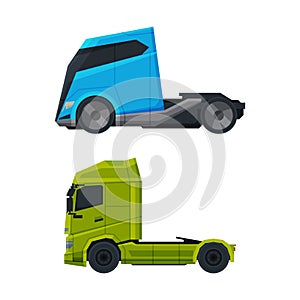 Tractor Unit as Heavy-duty Towing Engine for Hauling Semi-trailer Side View Vector Set