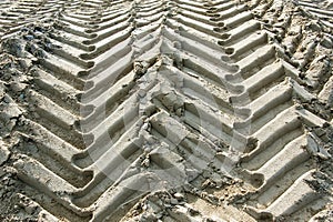 Tractor wheel tracks in the sand.