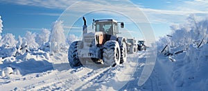 Tractor in winter forest. Panoramic image of tractor in winter forest