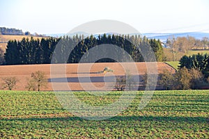 Tractor working on the farm, a modern agricultural transport, a farmer working in the field, fertile land, tractor on a sunset