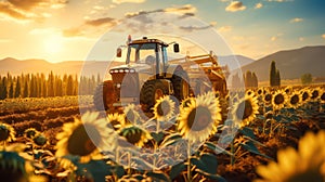 Tractor working on a field of sunflowers at sunset