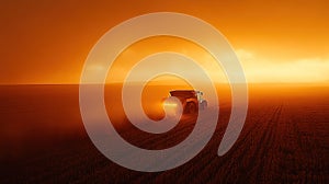 A tractor working a field at sunset, dust rising