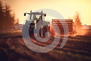 tractor working on the field during sunset. Generative Ai