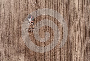 Tractor Working in the Fields, Aerial View. Hay on field. The view from the top. Tractor harvests dry grass