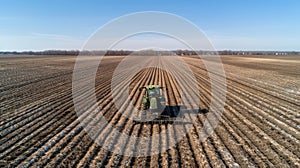 A tractor working in a large field of crops under