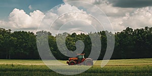 Tractor working in lush green field under dramatic cloudy sky