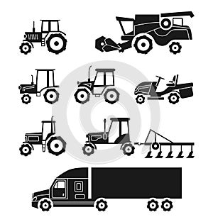 Tractors and combine harvesters vector icons set