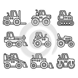 Tractors, Farm and Buildings Machines Icons Set. Line Style Vector