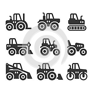 Tractors, Farm and Buildings Machines Icons Set. Vector