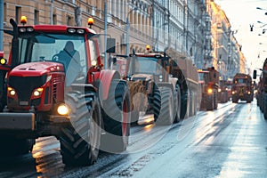 Tractors lined up on a city street in a peaceful protest for agricultural rights