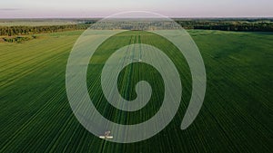 Tractors mow green grass in the fields aerial shot in summer at sunset