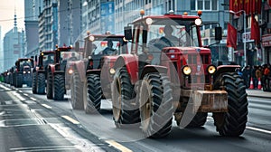 Tractors protesting in a city created with Generative AI. Farmers on the road.