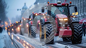 Tractors vehicles blocks city road traffic. Farmers' strike in Europe. Tractors have paralyzed the city. Farmers